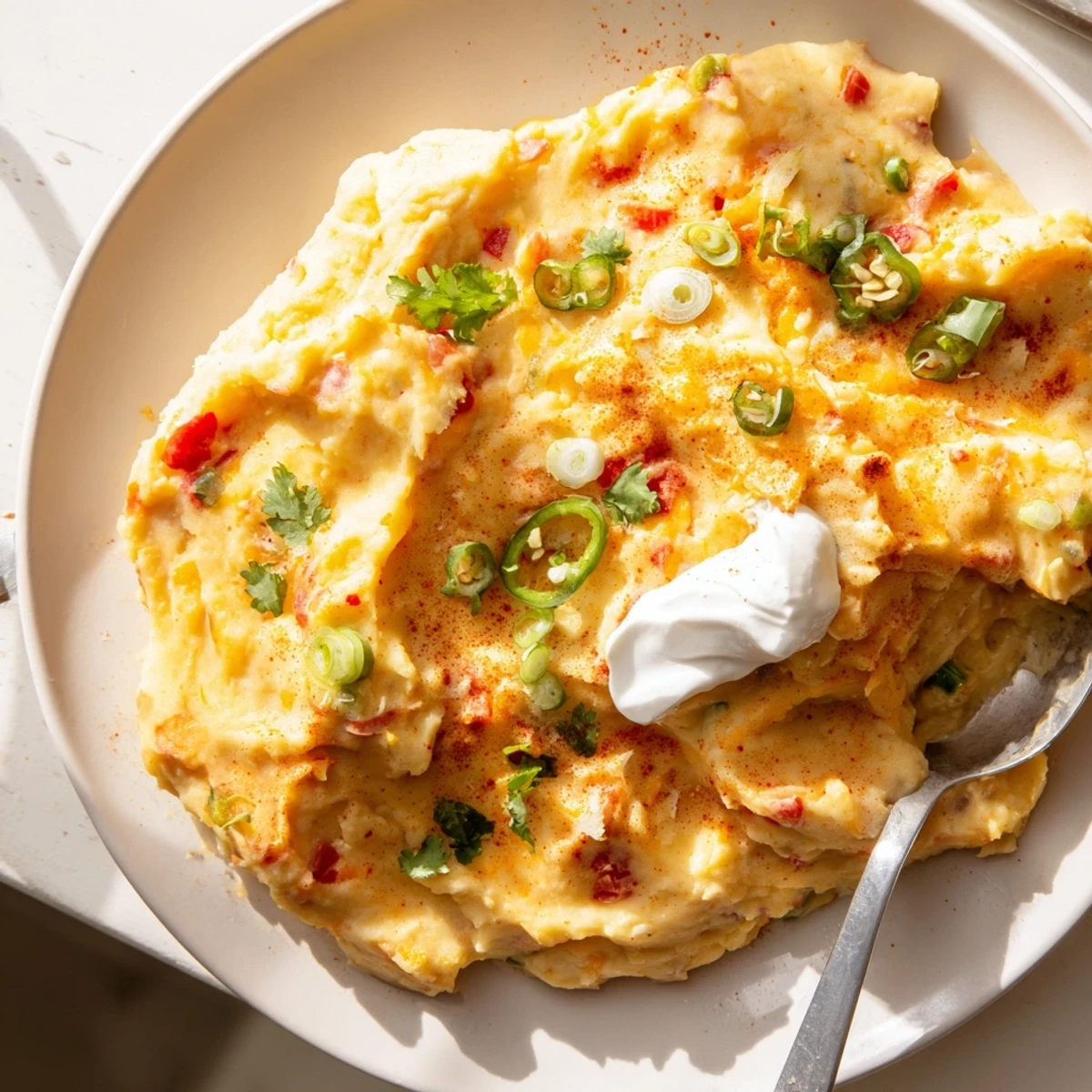 Creamy Tex Mex mashed potatoes topped with cilantro and melted cheddar cheese