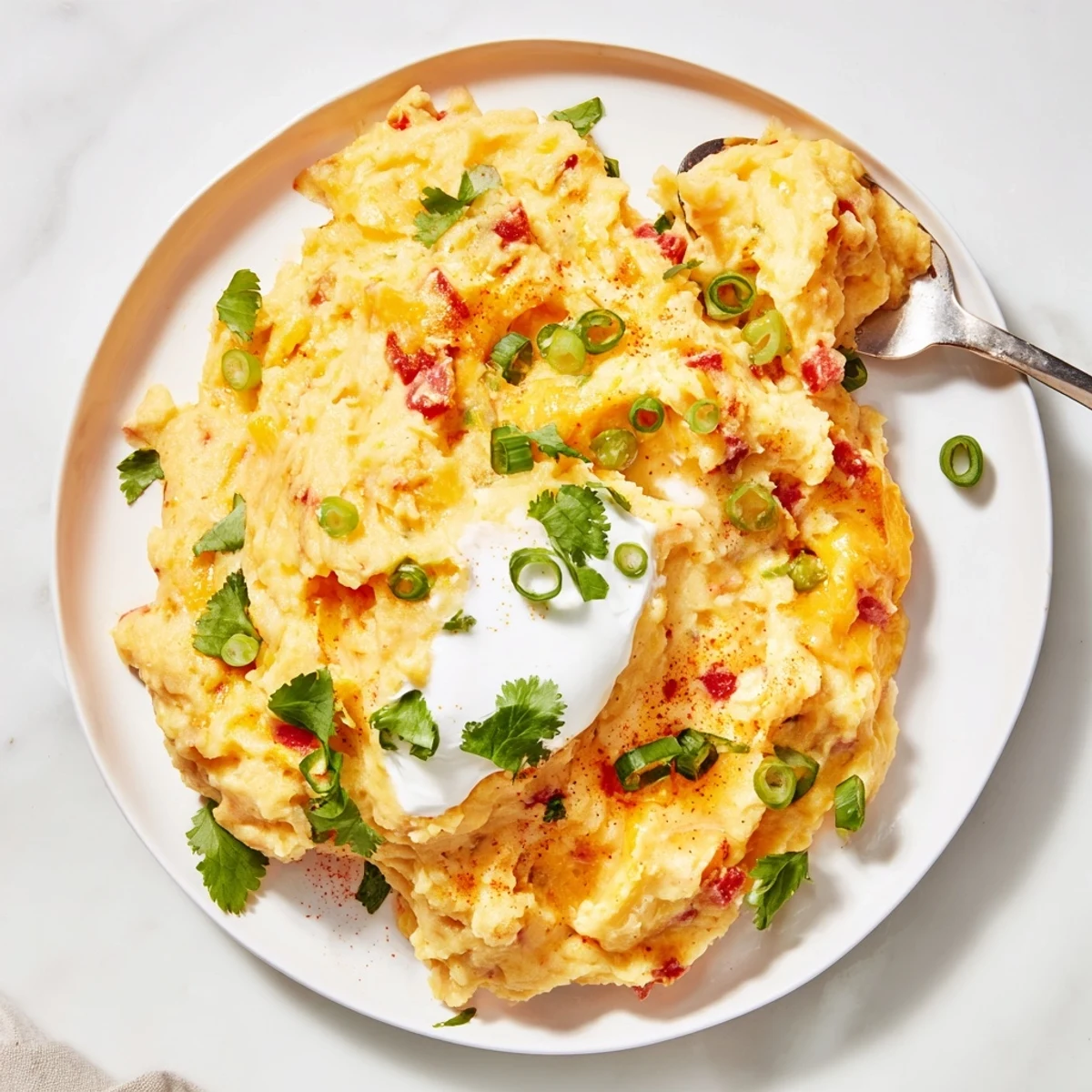 Golden Tex Mex mashed potatoes with jalapeños and smoked paprika served steaming hot