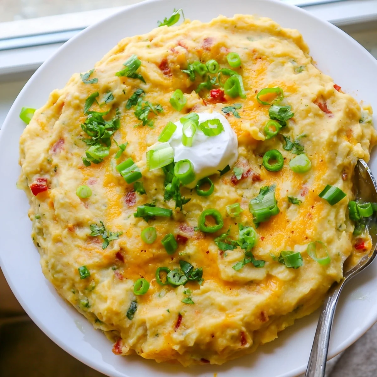 Spicy Tex Mex mashed potatoes in a rustic bowl with fresh green onions