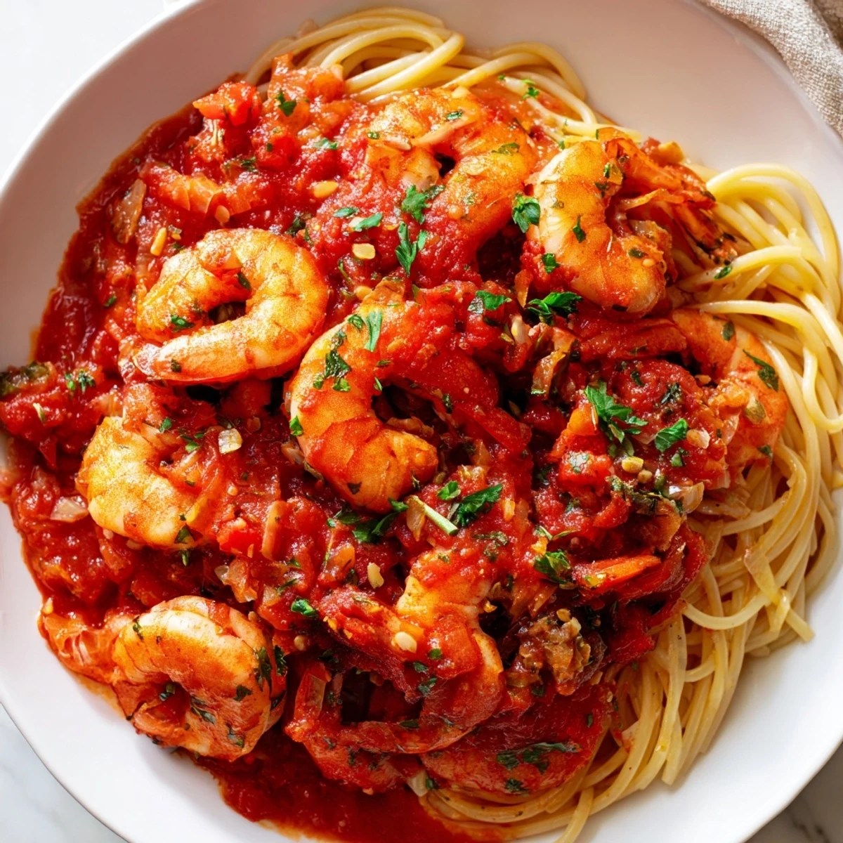 Sizzling Shrimp Fra Diavolo in a fiery red tomato sauce with fresh parsley garnish.