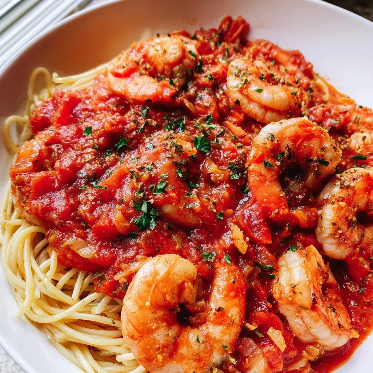Plump pink shrimp nestled in a spicy Shrimp Fra Diavolo tomato sauce over spaghetti.