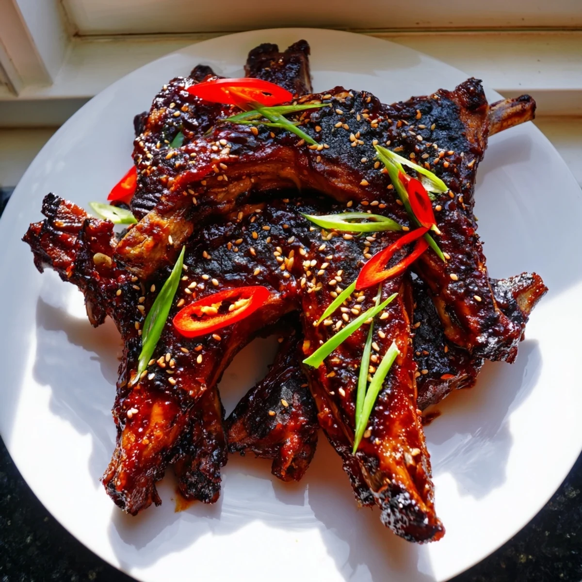 Juicy grilled Korean BBQ lamb ribs topped with sesame seeds and scallions