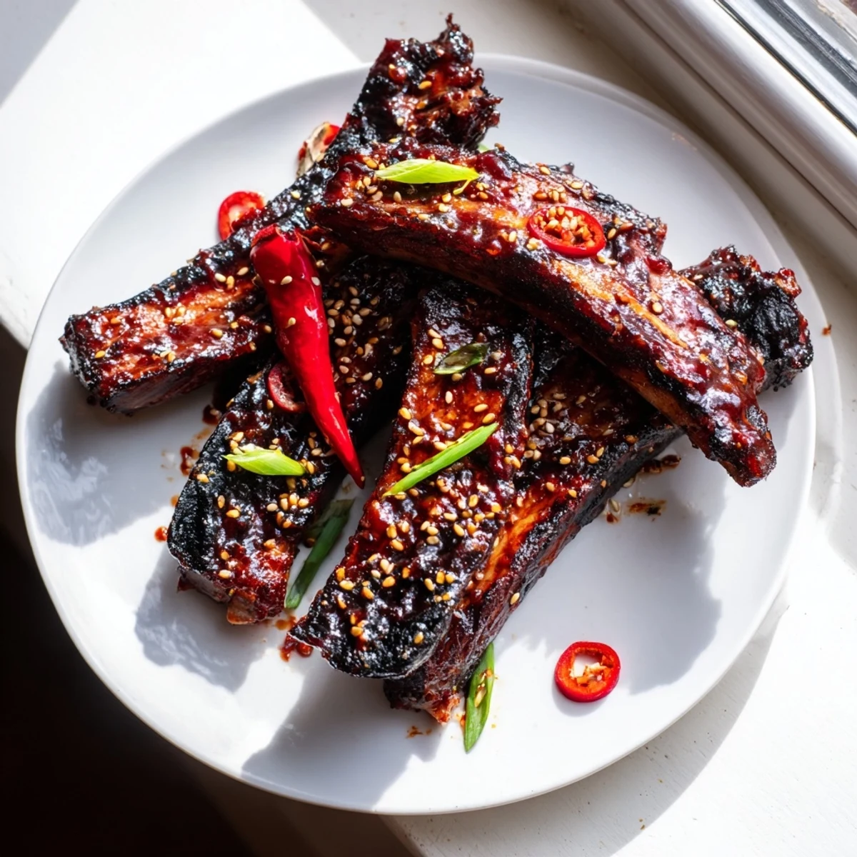 Tender Korean BBQ lamb ribs drizzled with yuzu juice on a rustic platter