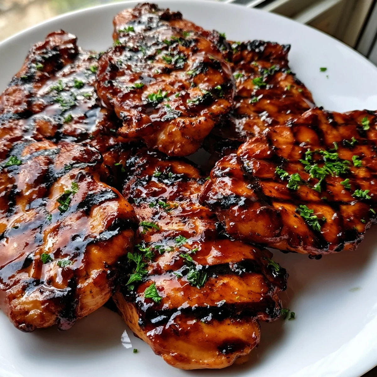 Juicy Grilled Coca Cola Glazed Chicken Breast garnished with fresh parsley and grill marks