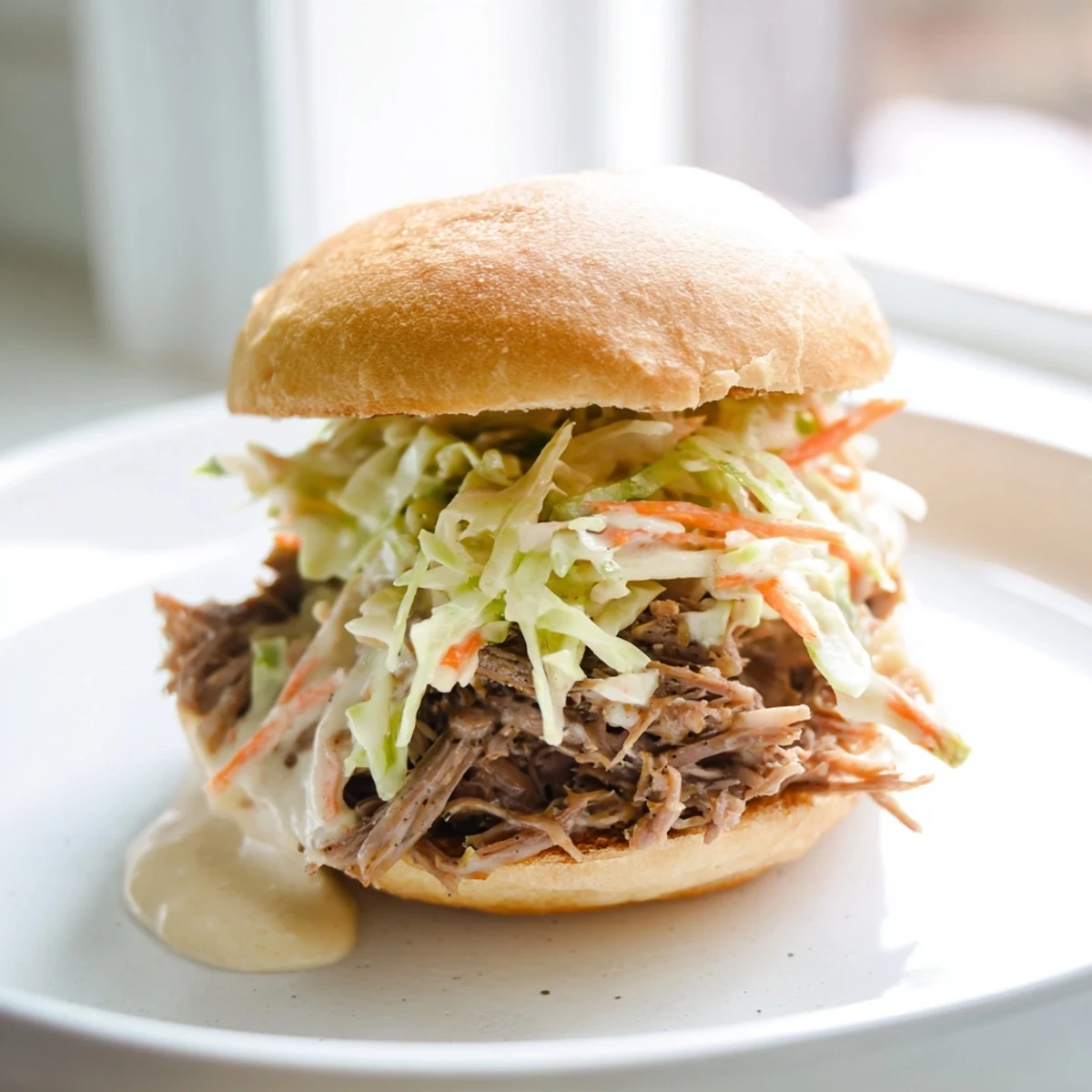 Juicy Alabama White Sauce Pulled Lamb Sliders piled high with creamy crunchy slaw on toasted buns