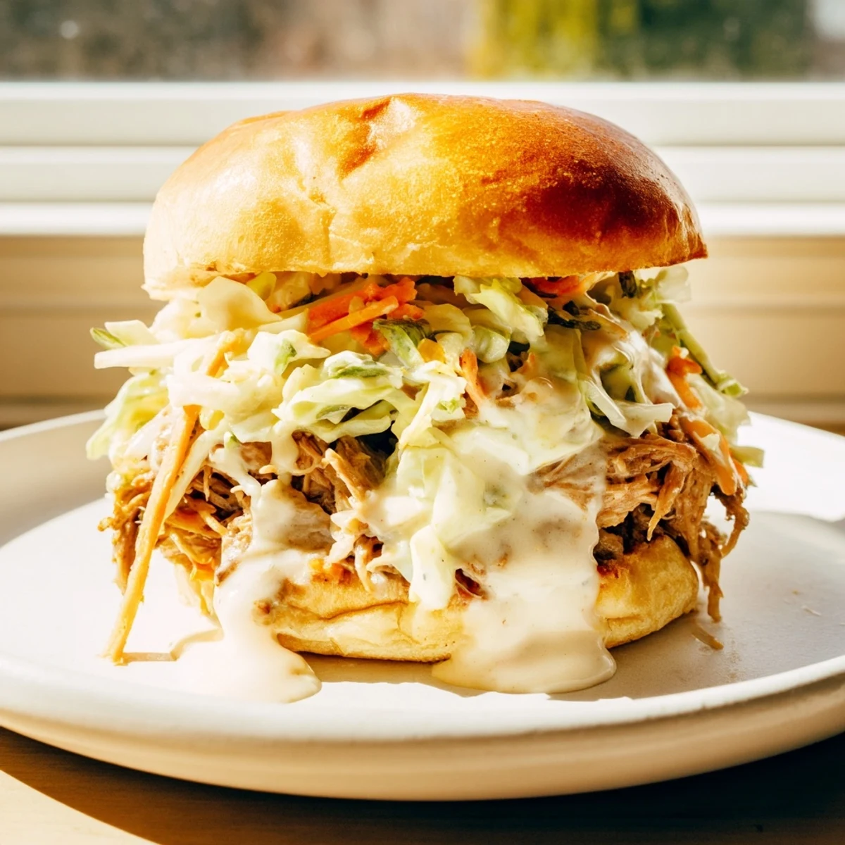 Tender pulled lamb glistening with tangy Alabama White Sauce on soft golden slider buns at a backyard party