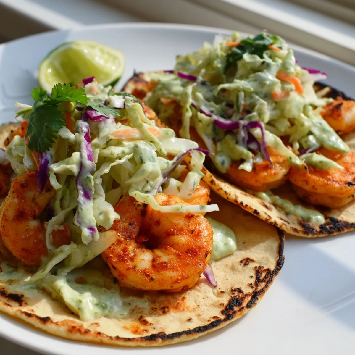 Spicy shrimp tacos loaded with crisp garlic cilantro lime slaw on warm tortillas