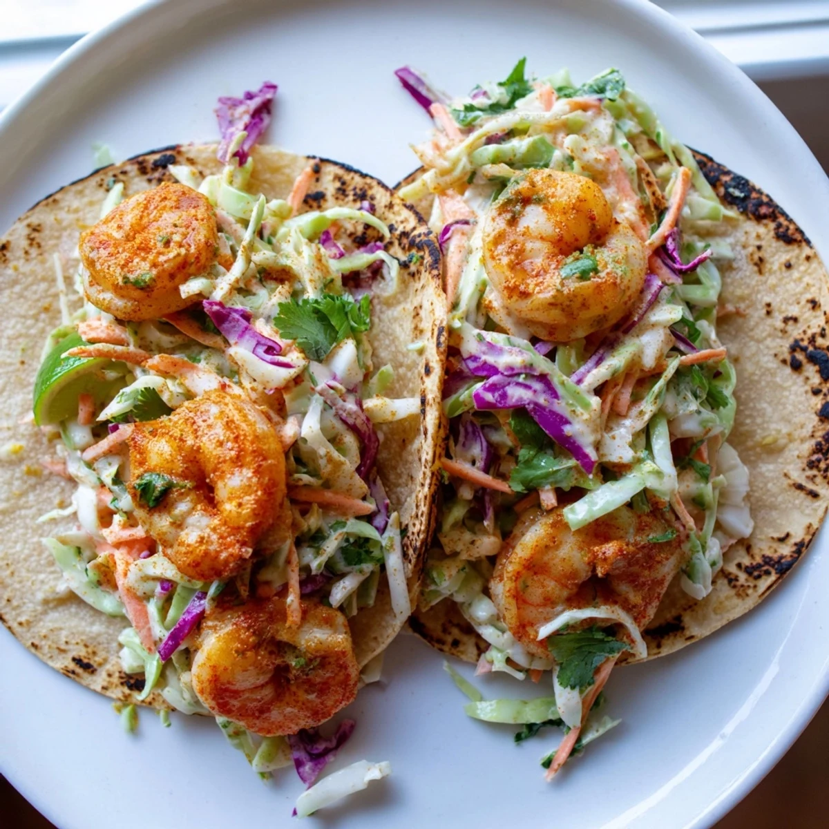Golden pan-seared shrimp nestled in soft tortillas beneath tangy purple cabbage slaw