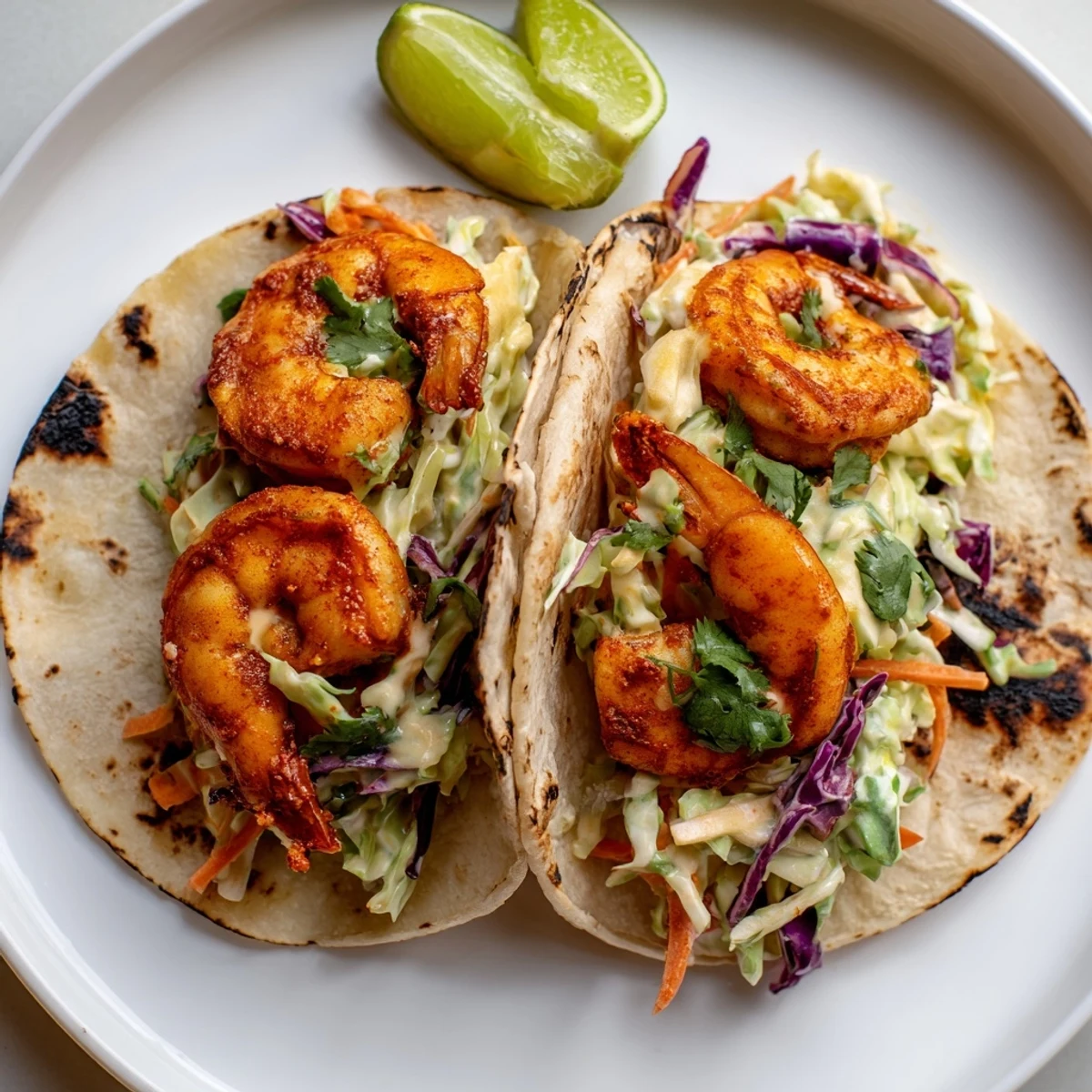 Vibrant spicy shrimp tacos garnished with fresh cilantro and zesty lime wedges