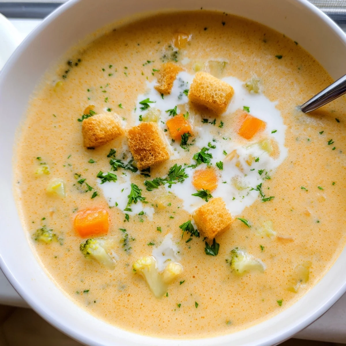 A steaming bowl of creamy vegetable soup topped with golden croutons and fresh parsley