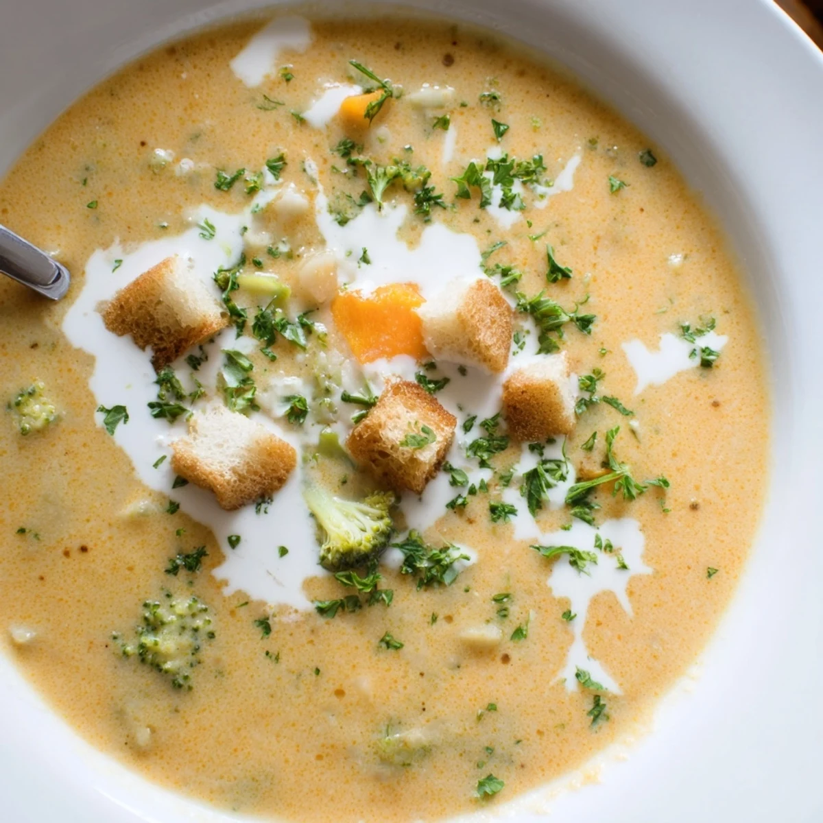 Creamy vegetable soup in a rustic bowl surrounded by colorful diced carrots broccoli and potatoes
