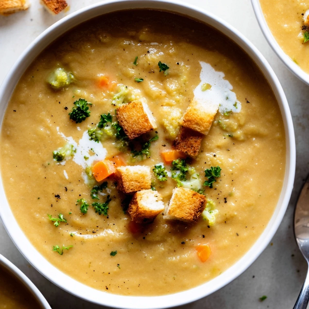 Velvety creamy vegetable soup ladled into a white bowl with a side of crusty bread