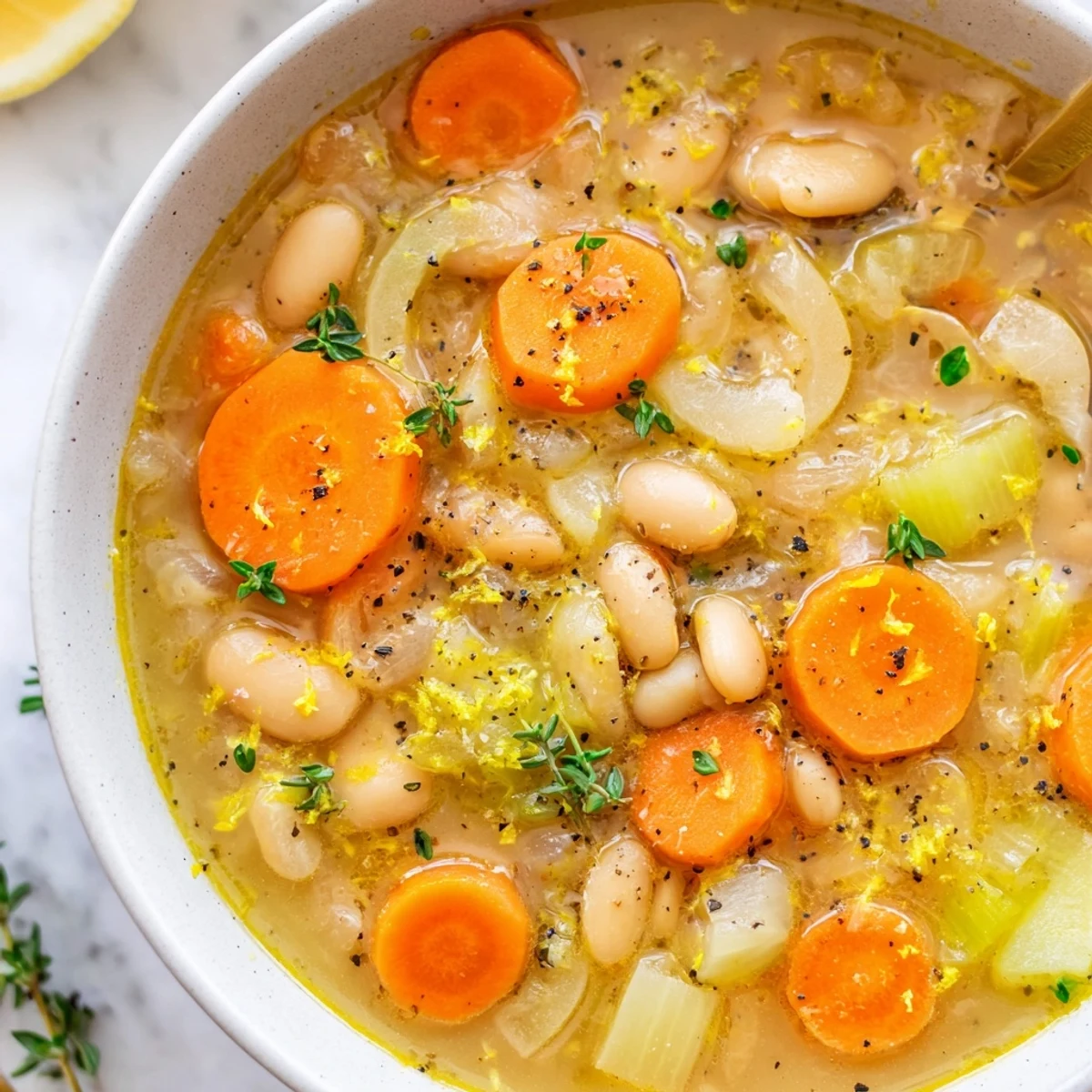 Warm brothy carrot butter bean soup topped with fresh parsley in a rustic bowl