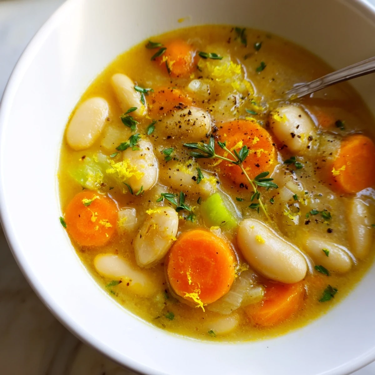 Creamy butter beans and tender carrot slices float in golden steaming vegetable broth
