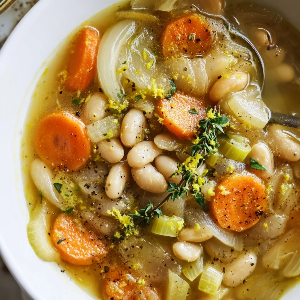 A ladle pours steaming brothy carrot butter bean soup garnished with lemon zest and cracked pepper