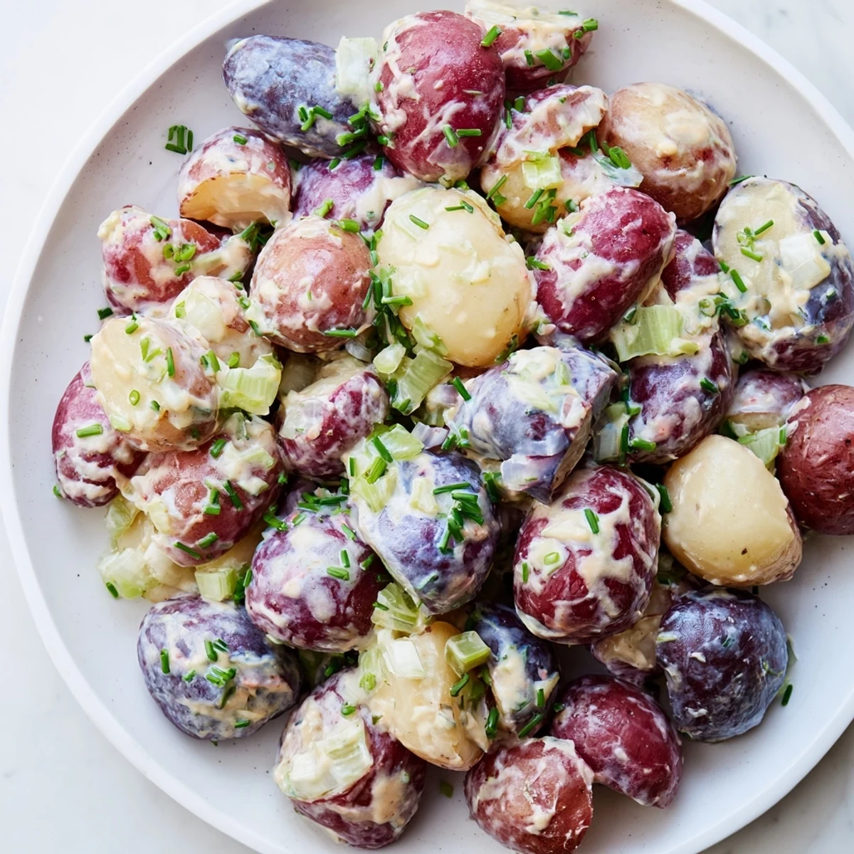 A colorful red white and blue potato salad garnished with fresh chopped herbs and creamy dressing