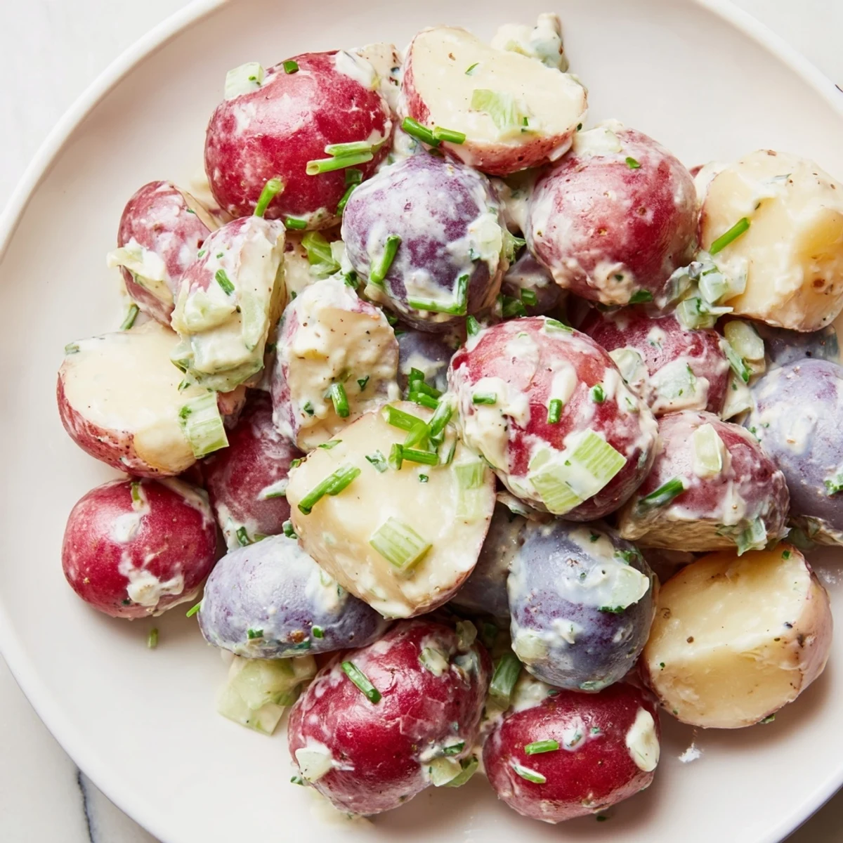 Festive red white and blue potato salad served in a rustic bowl at a summer barbecue