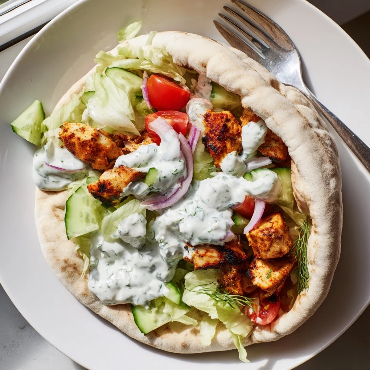Juicy Mediterranean-spiced flavor packed chicken pitas drizzled with cool herbed yogurt