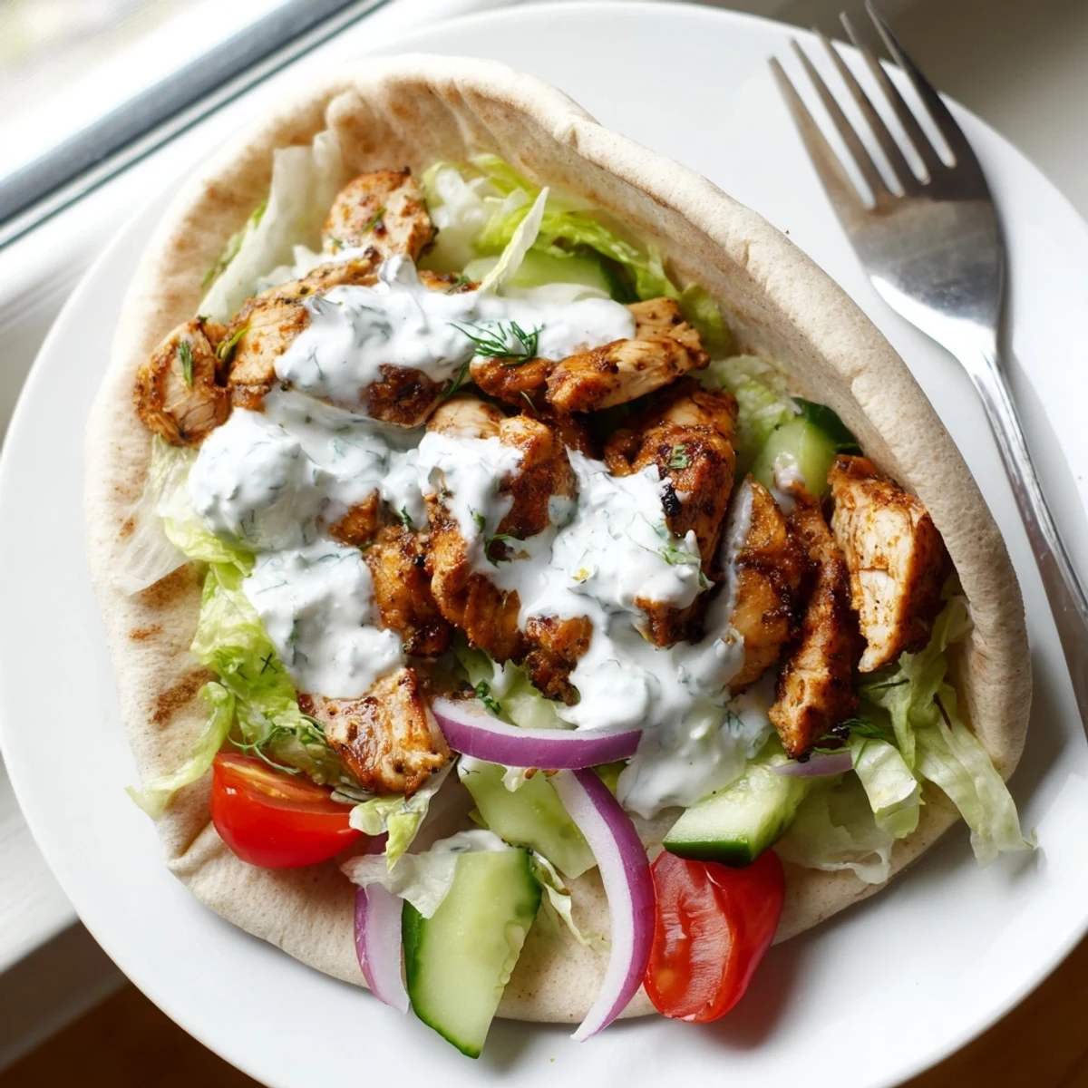 Warm flavor packed chicken pitas with crisp veggies and creamy yogurt sauce