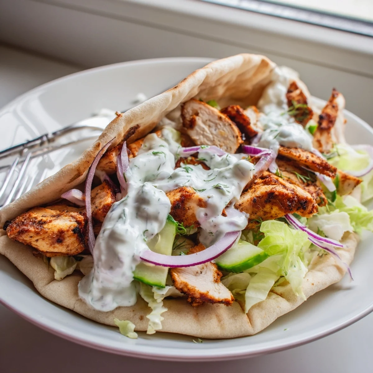 Golden seared flavor packed chicken pitas loaded with fresh cucumber and tomato