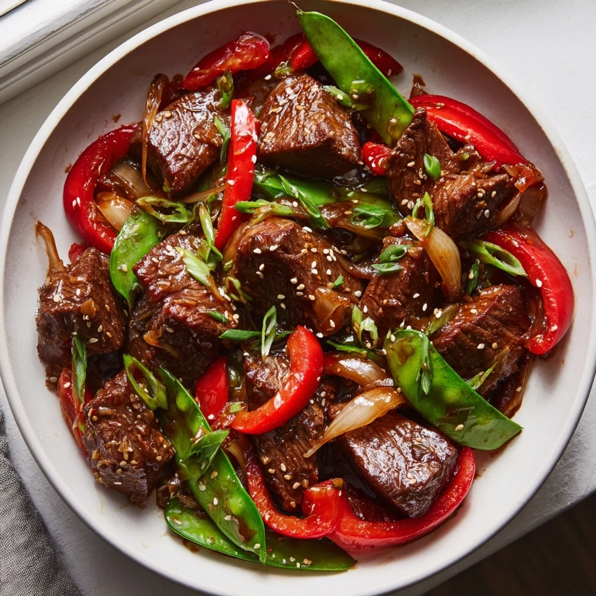 Tender Asian-inspired cube steak glazed in soy ginger sauce with crisp stir-fried vegetables