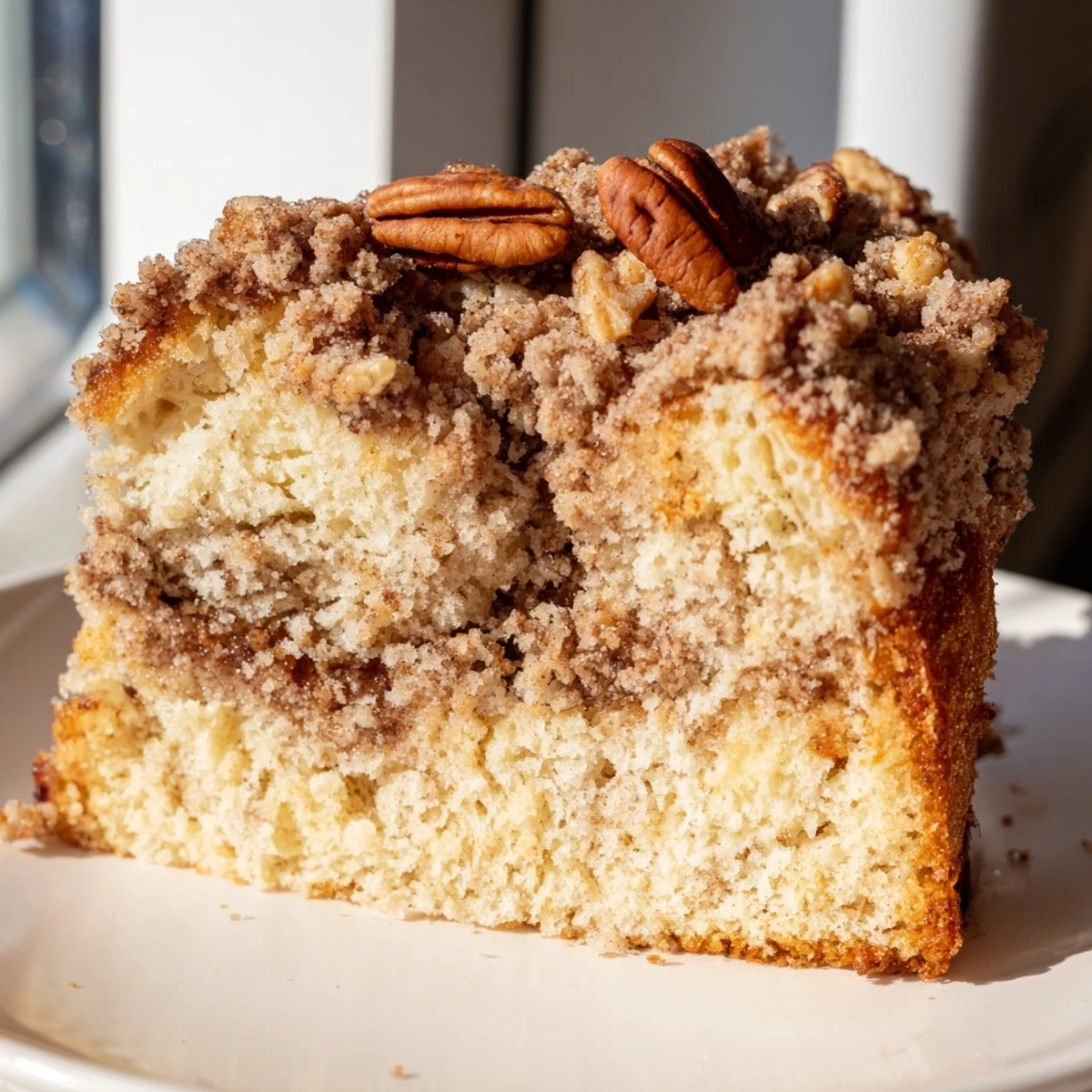 Golden cinnamon pecan crunch coffee cake sliced and served on a rustic plate with crumbly streusel topping