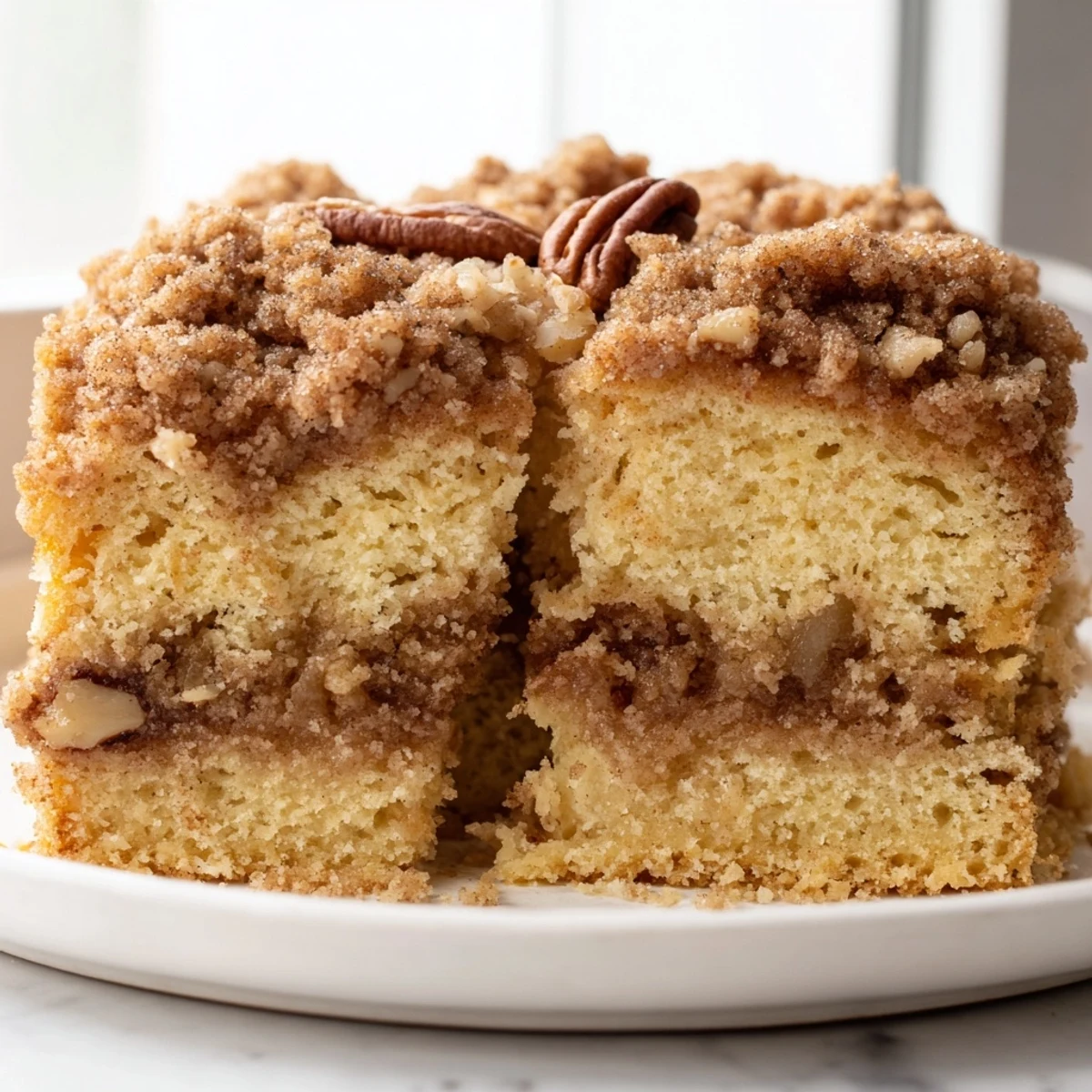 Warm slice of cinnamon pecan crunch coffee cake topped with caramelized pecans and gooey cinnamon sugar swirls