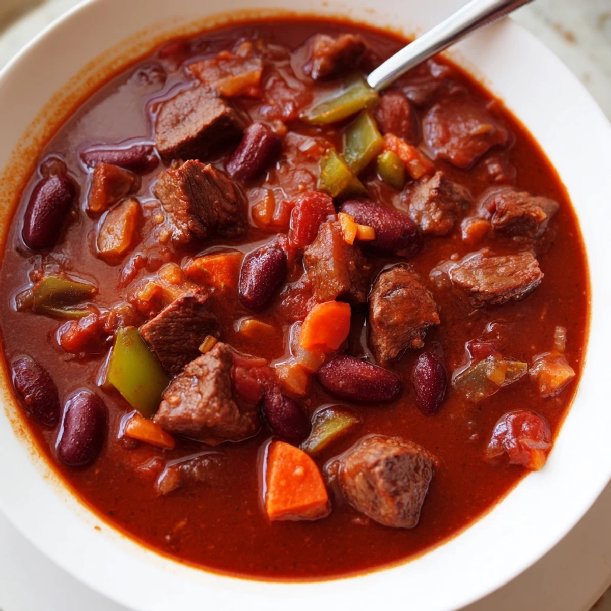 A steaming bowl of beefy chili stew topped with fresh cilantro and melted cheese