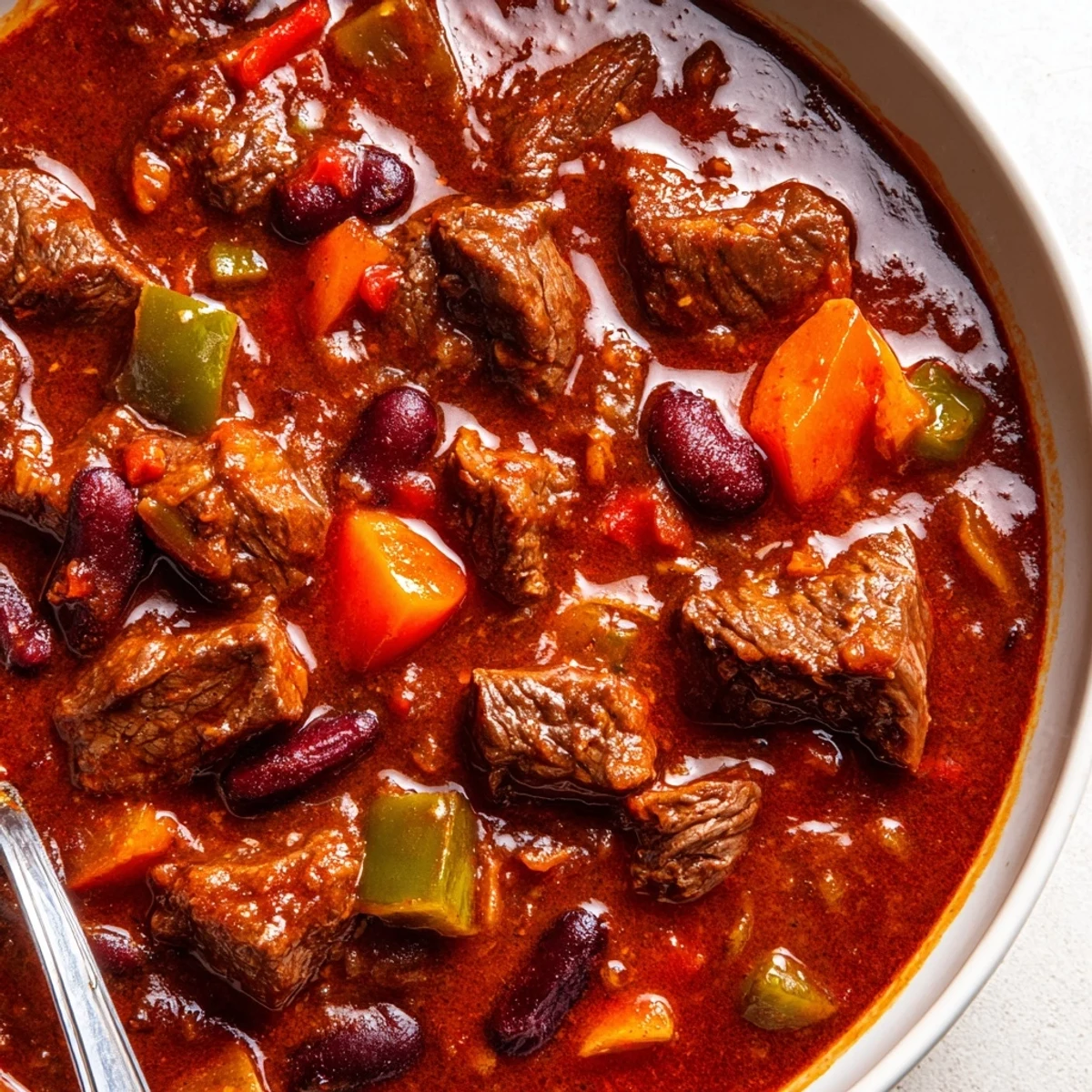Crusty bread dipped into a rich, spicy beefy chili stew in a rustic bowl