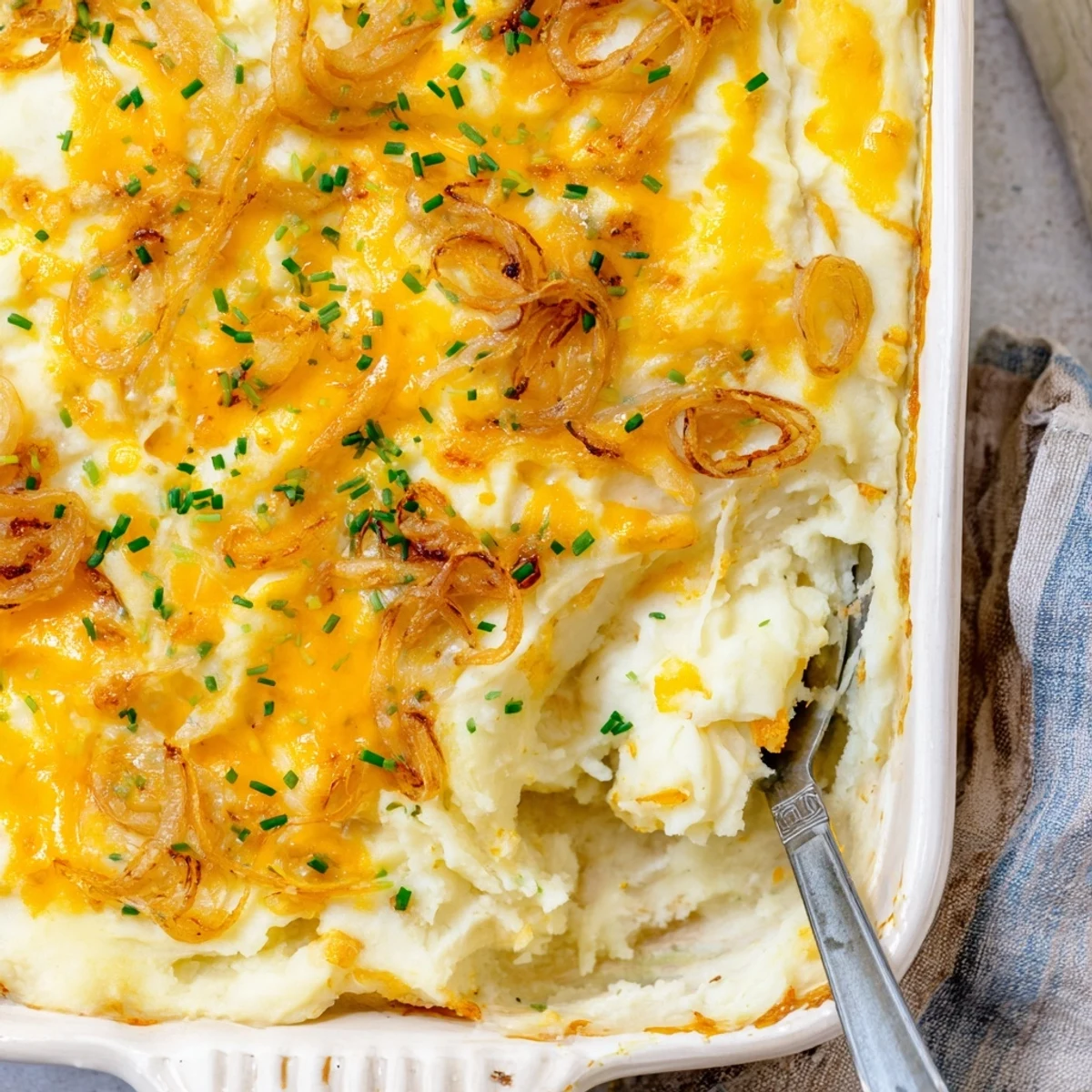 Golden bubbly cheesy onion mashed potato casserole fresh from the oven