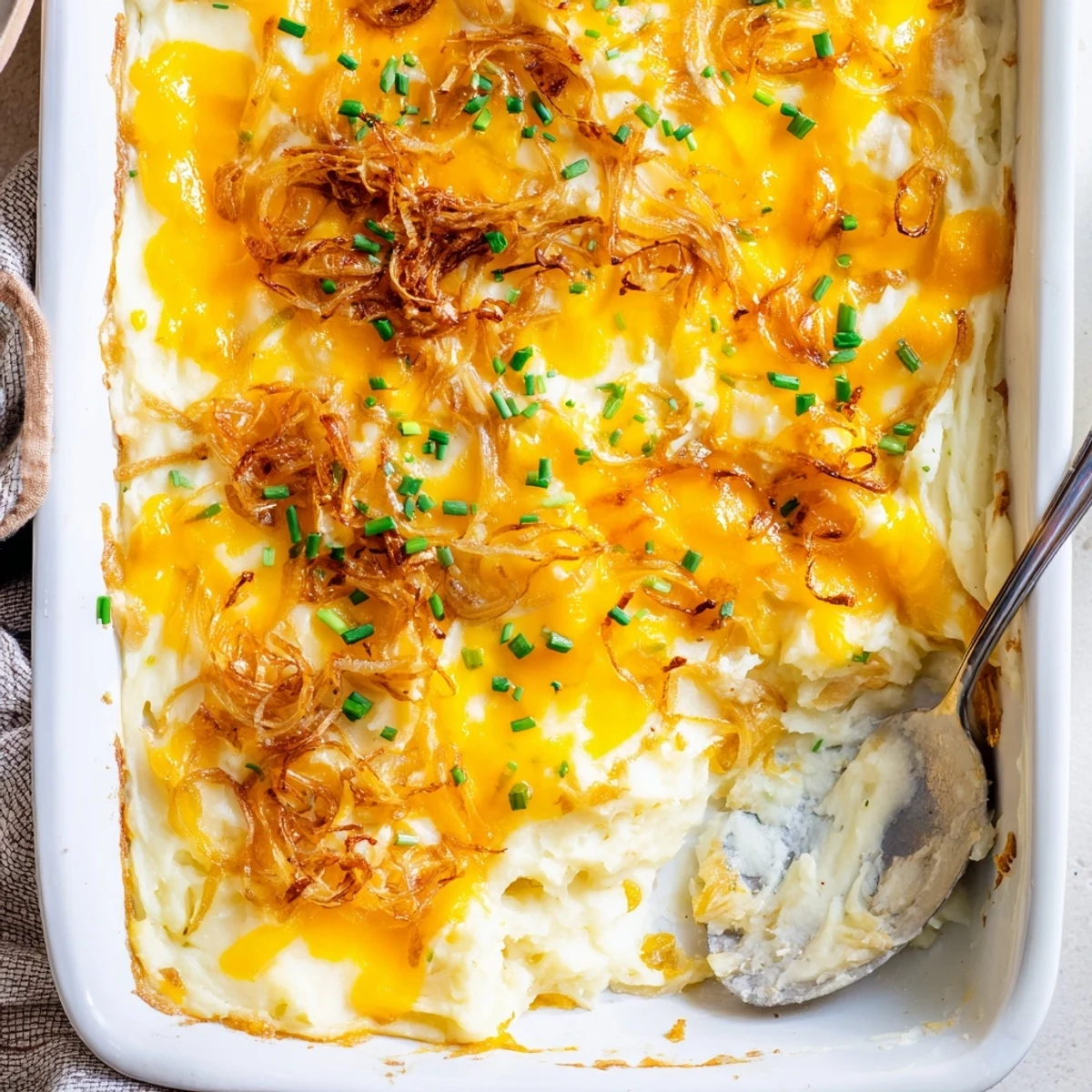 Creamy cheesy onion mashed potato casserole topped with melted cheddar and caramelized onions