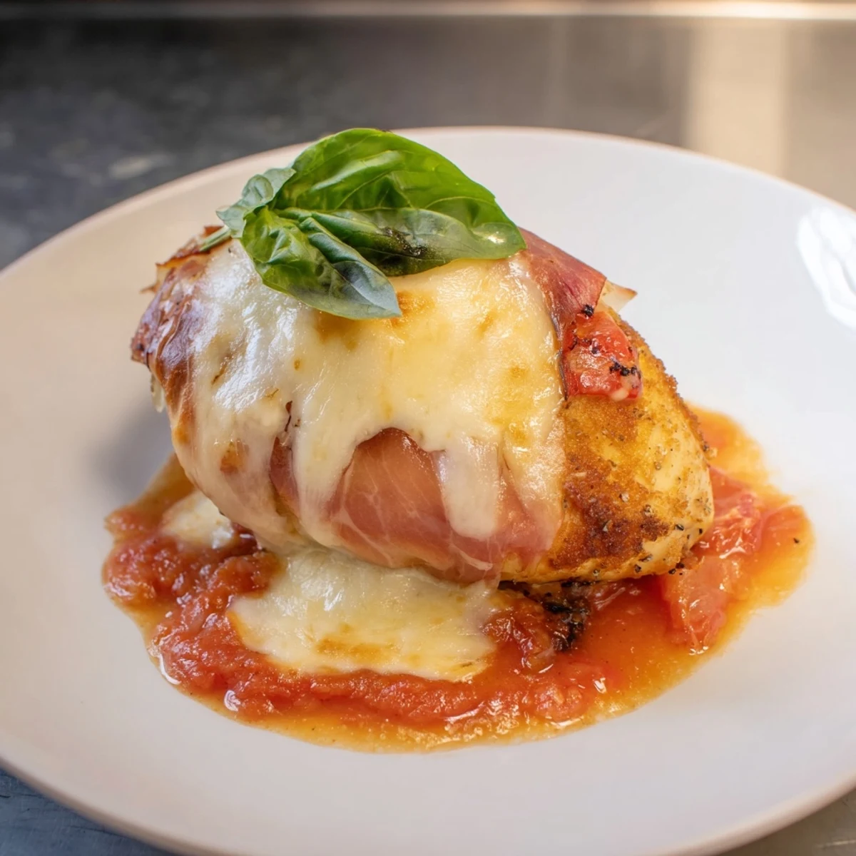 Golden chicken Valdostana topped with melted Fontina cheese and crispy prosciutto slice