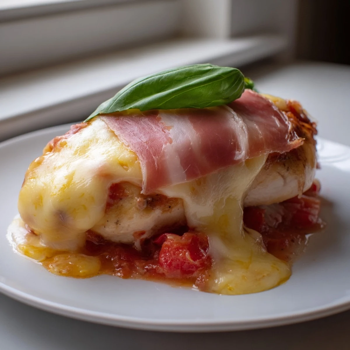 Bubbling chicken Valdostana in rich tomato sauce draped in creamy melted cheese
