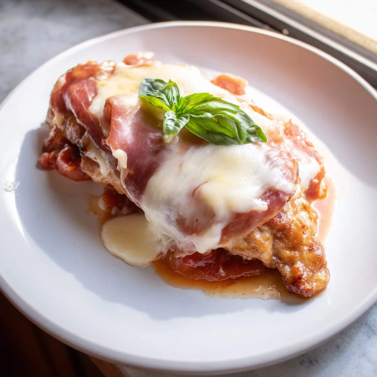 Chicken Valdostana with prosciutto and gooey cheese served in rustic tomato pan sauce