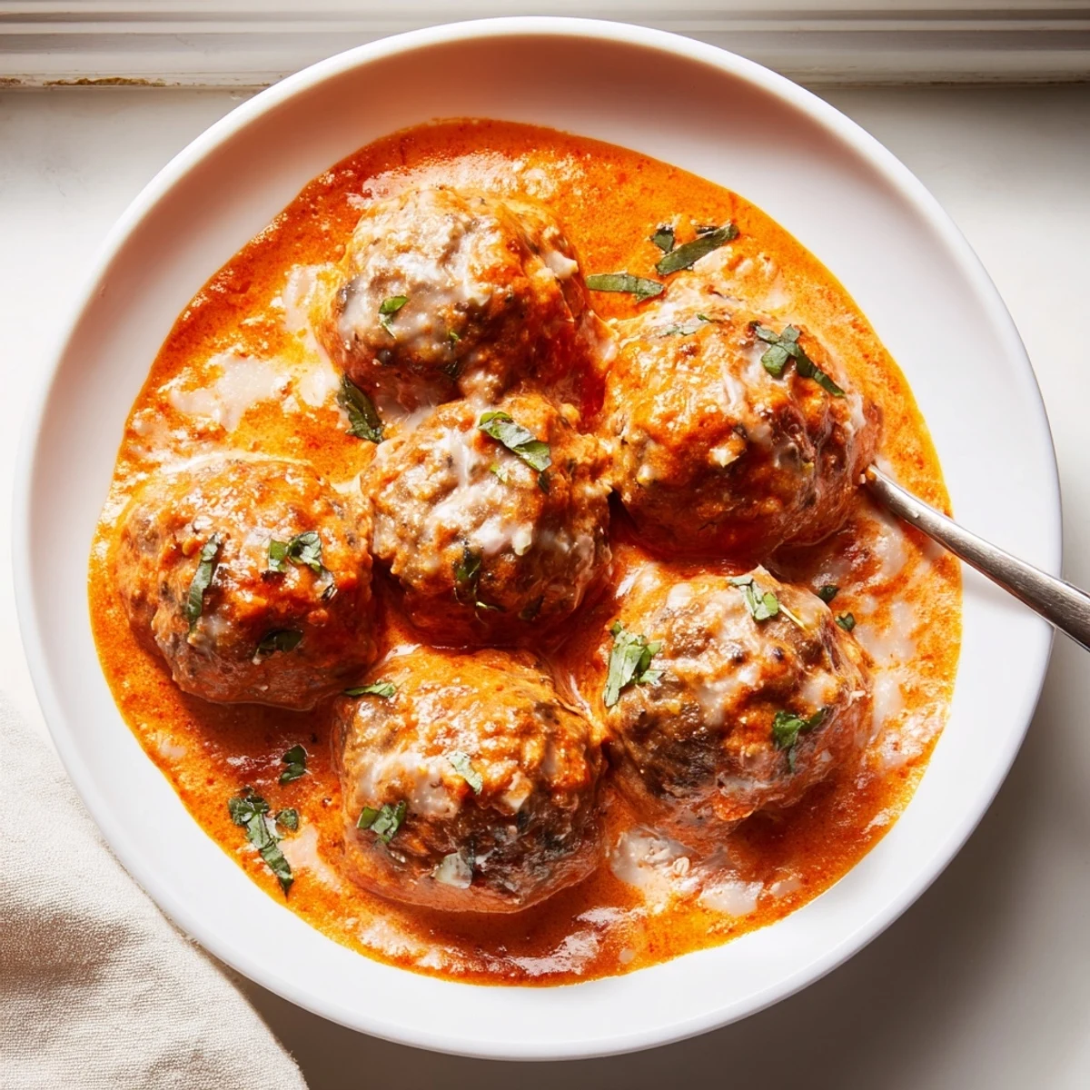 Golden creamy tomato basil meatballs bubbling in a rich, herb-flecked red sauce.
