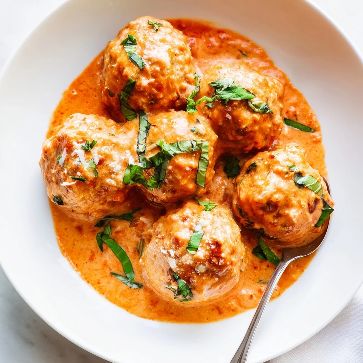 Steaming creamy tomato basil meatballs served over pasta with a dusting of Parmesan cheese.