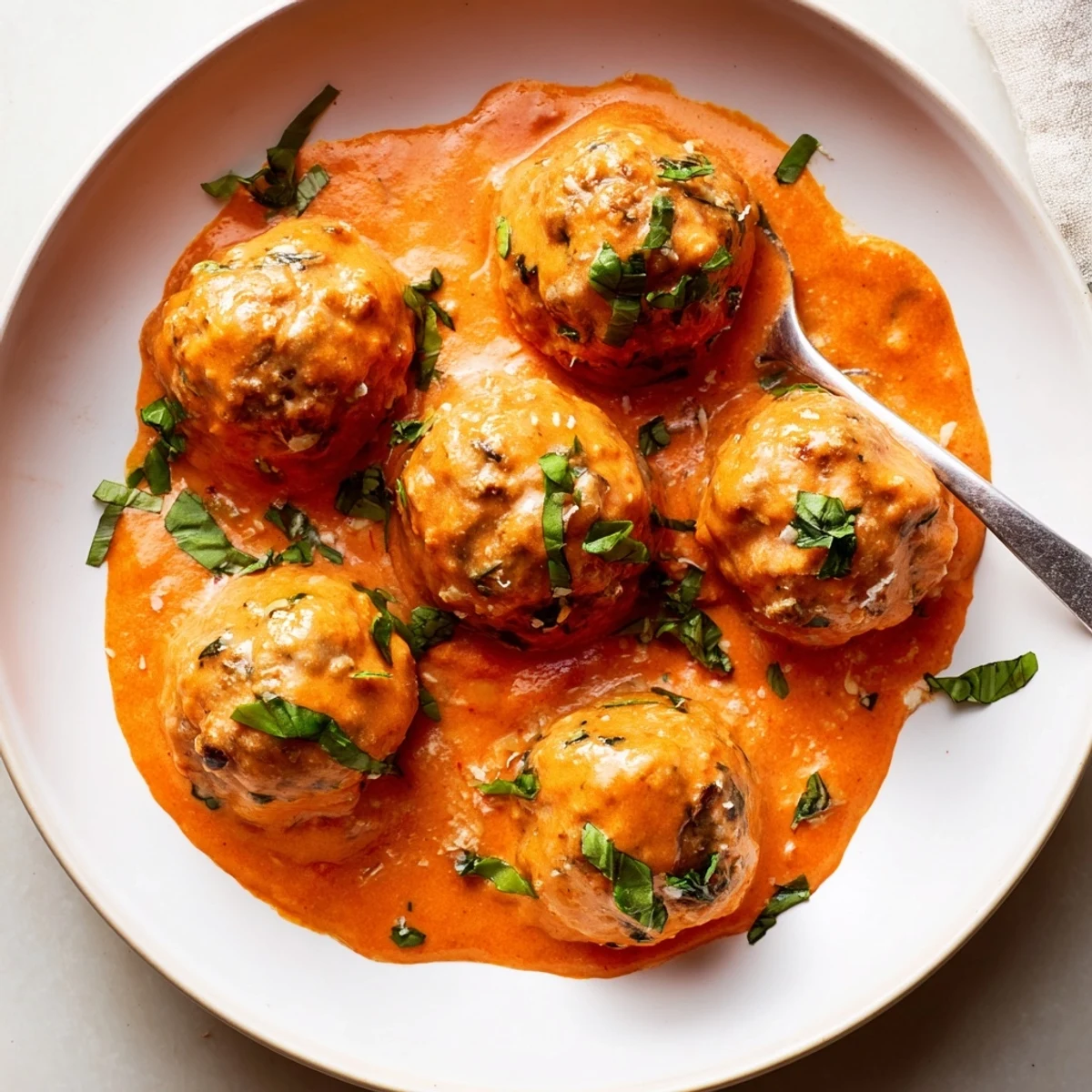 Tender creamy tomato basil meatballs nestled in a velvety sauce with fresh basil garnish.