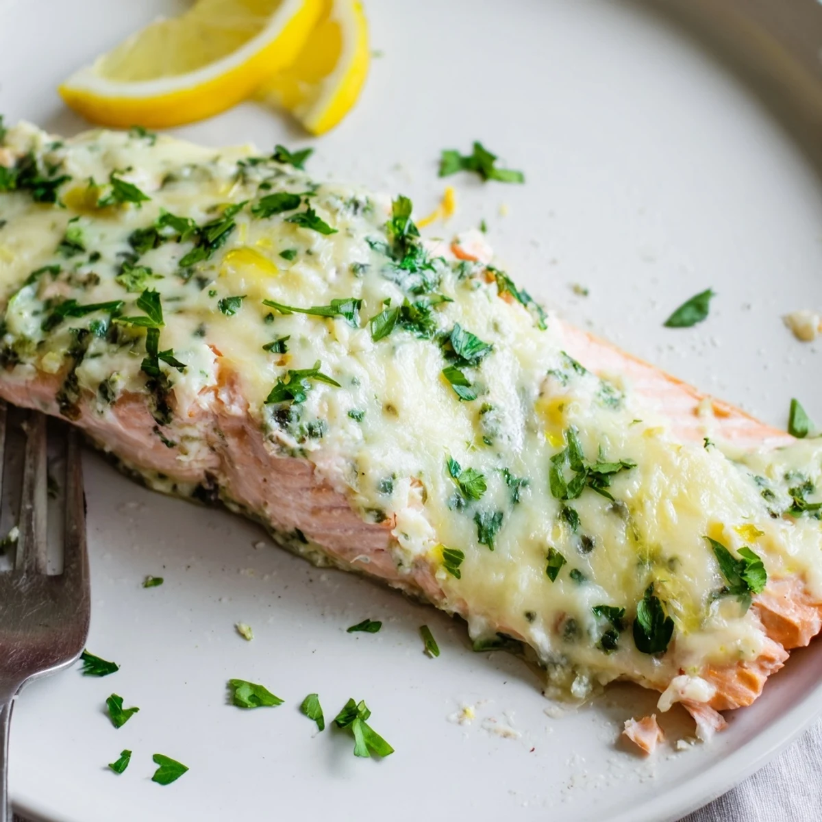 Tender baked salmon topped with melted herbed Boursin cheese on a parchment-lined tray