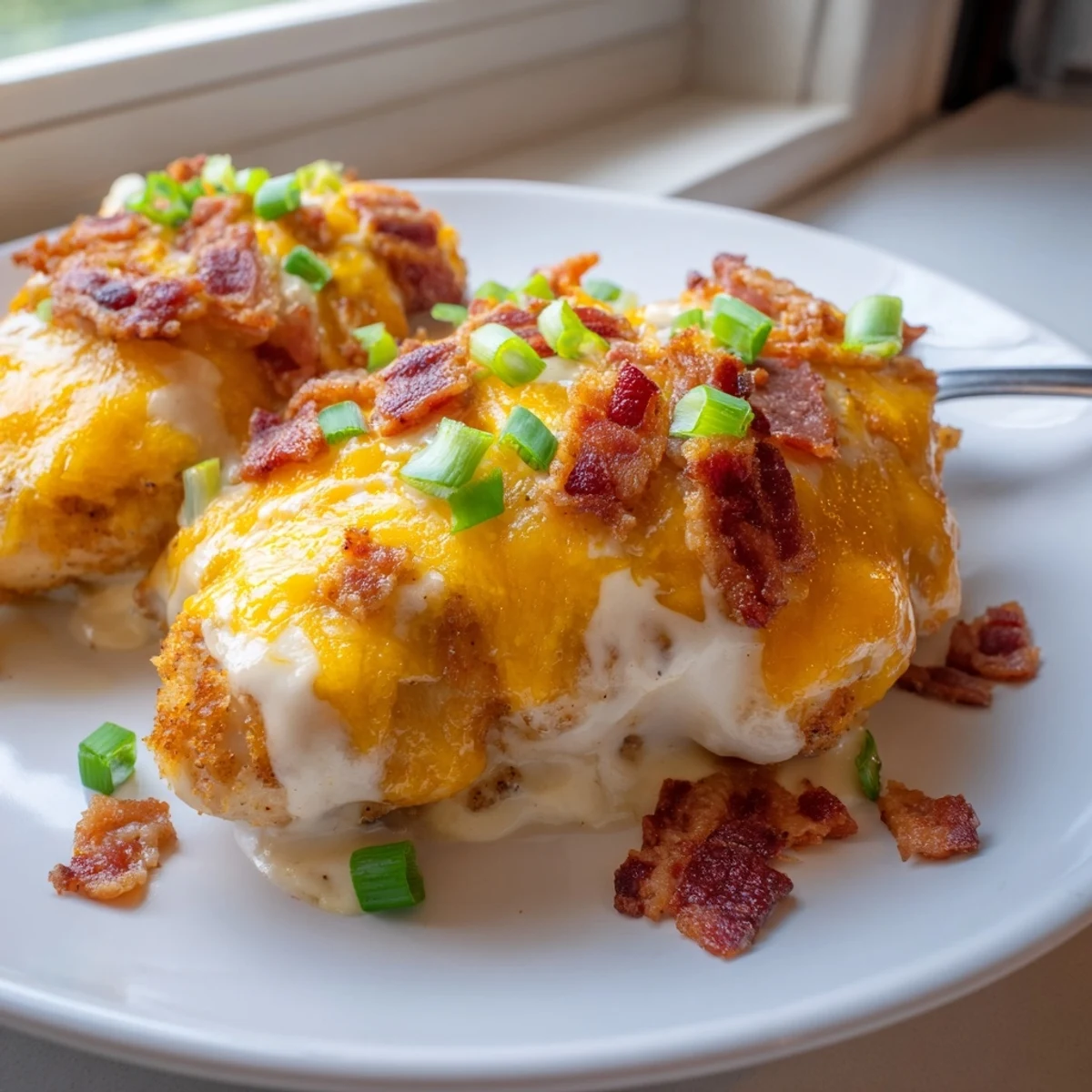 Golden Baked Crack Chicken bubbling with melted cheddar and crispy bacon topping