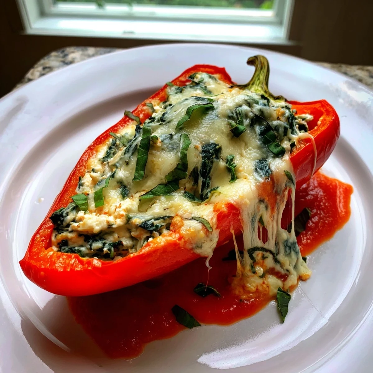 Golden baked ricotta stuffed peppers topped with melted mozzarella and fresh basil