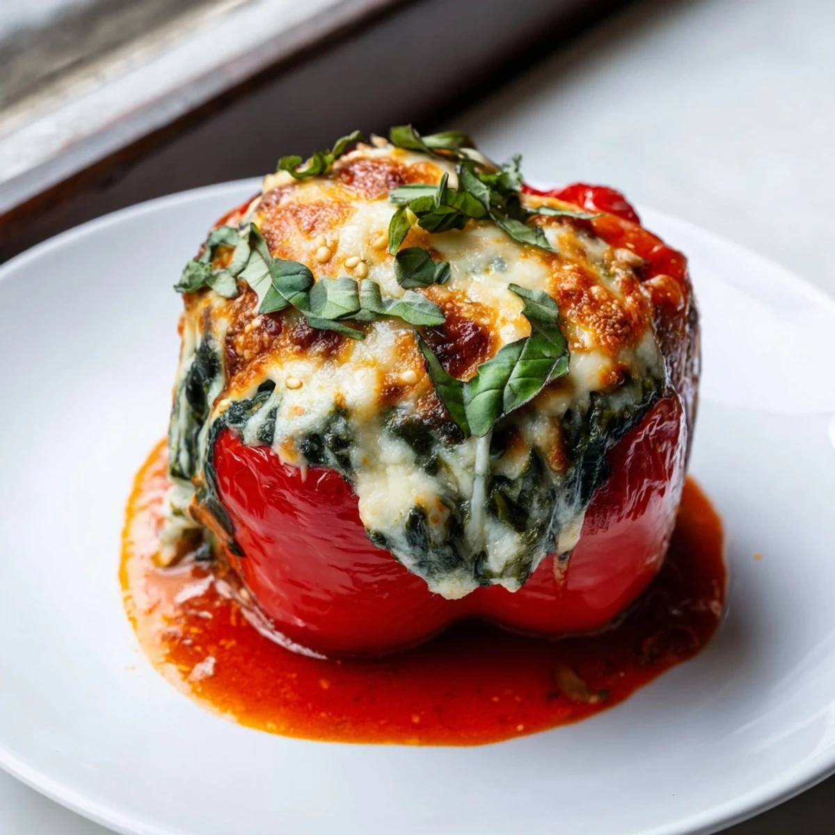 Vibrant bell peppers filled with creamy ricotta and spinach resting in tomato sauce