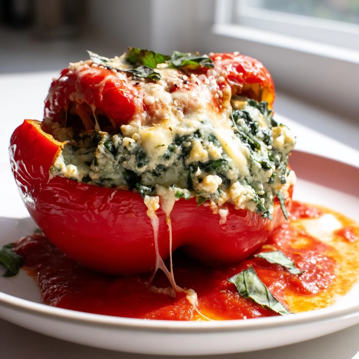 Tender ricotta stuffed peppers with bubbling cheese served in a rustic baking dish
