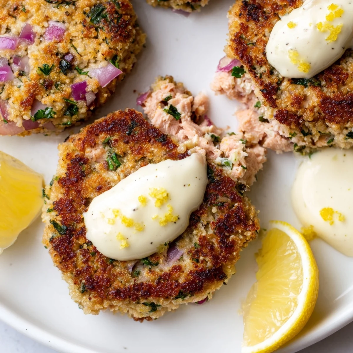 Golden pan-fried lemon garlic Alaska salmon cakes drizzled with creamy homemade aioli on a rustic plate