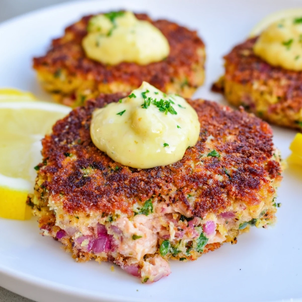 Crispy lemon garlic Alaska salmon cakes served warm with tangy garlic aioli and fresh lemon wedges