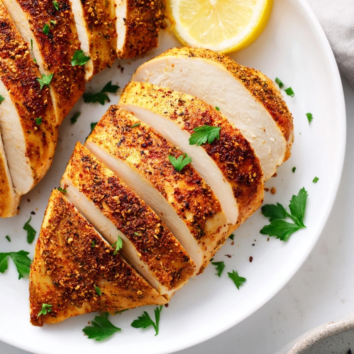 Golden oven baked chicken breasts with herb seasoning on a parchment-lined baking sheet
