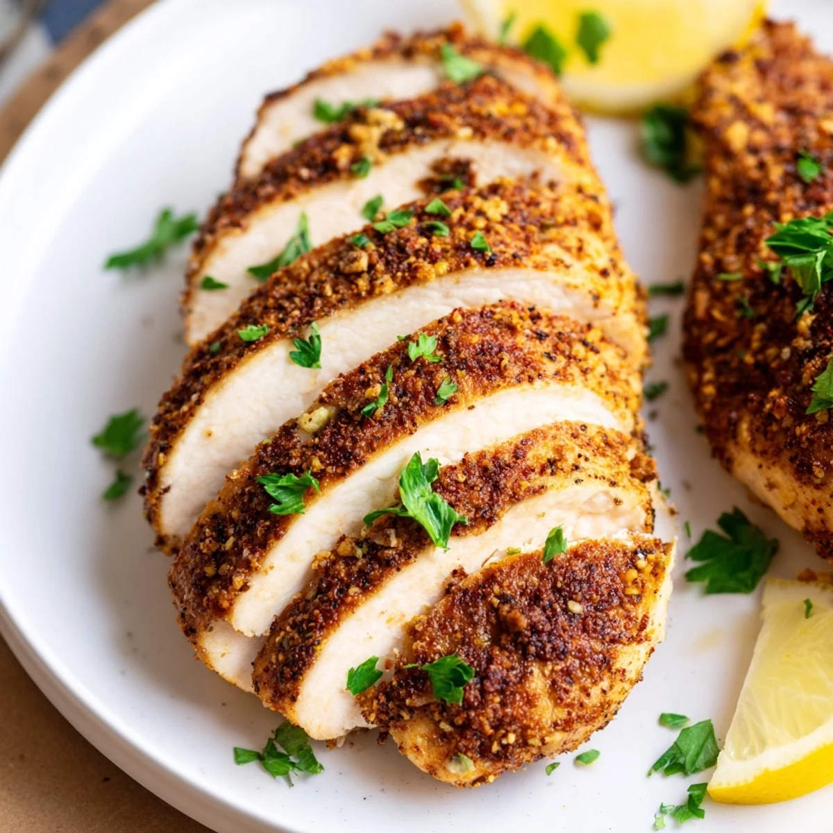 Juicy oven baked chicken breasts garnished with fresh parsley and bright lemon wedges