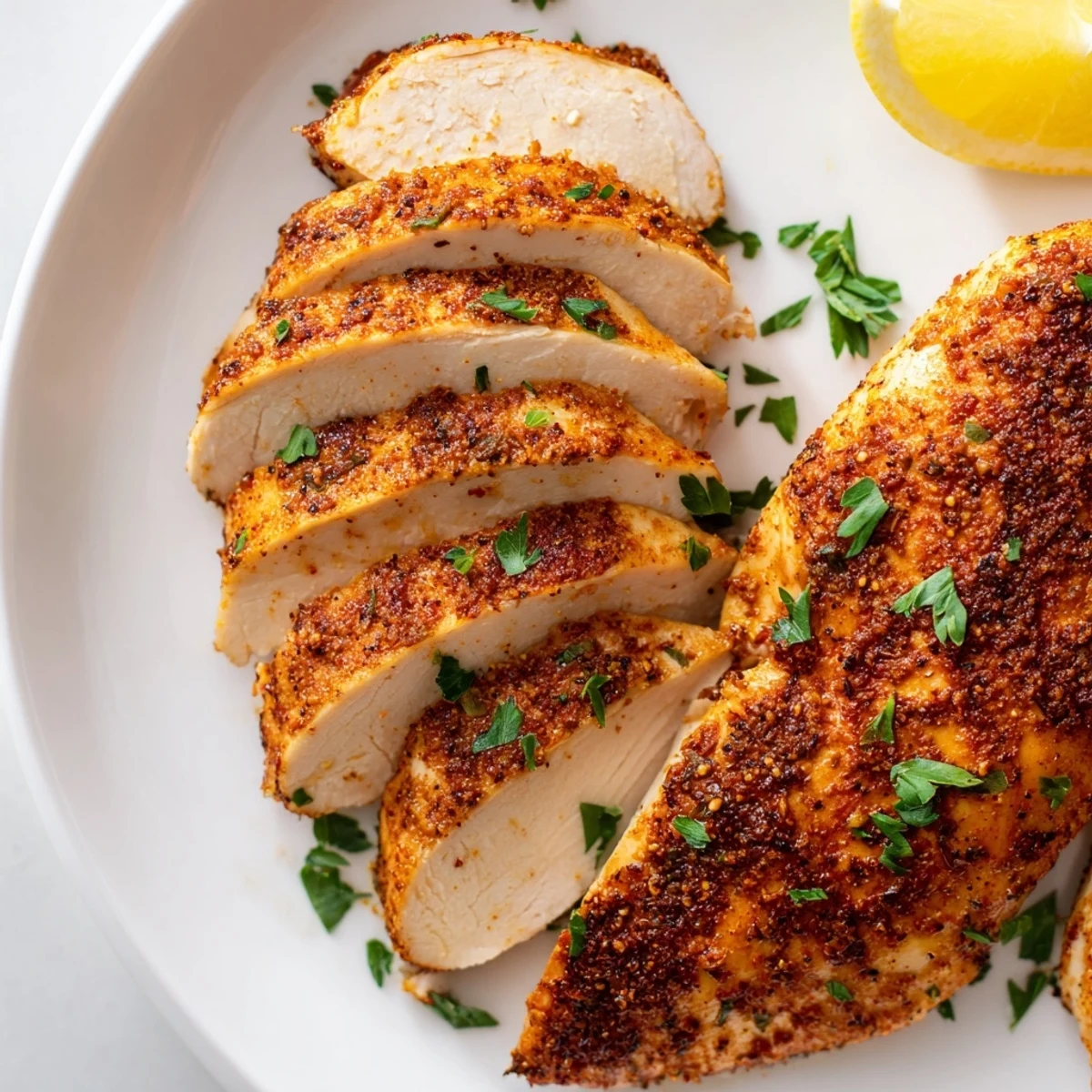 Perfectly cooked oven baked chicken breasts sliced open revealing tender seasoned meat inside