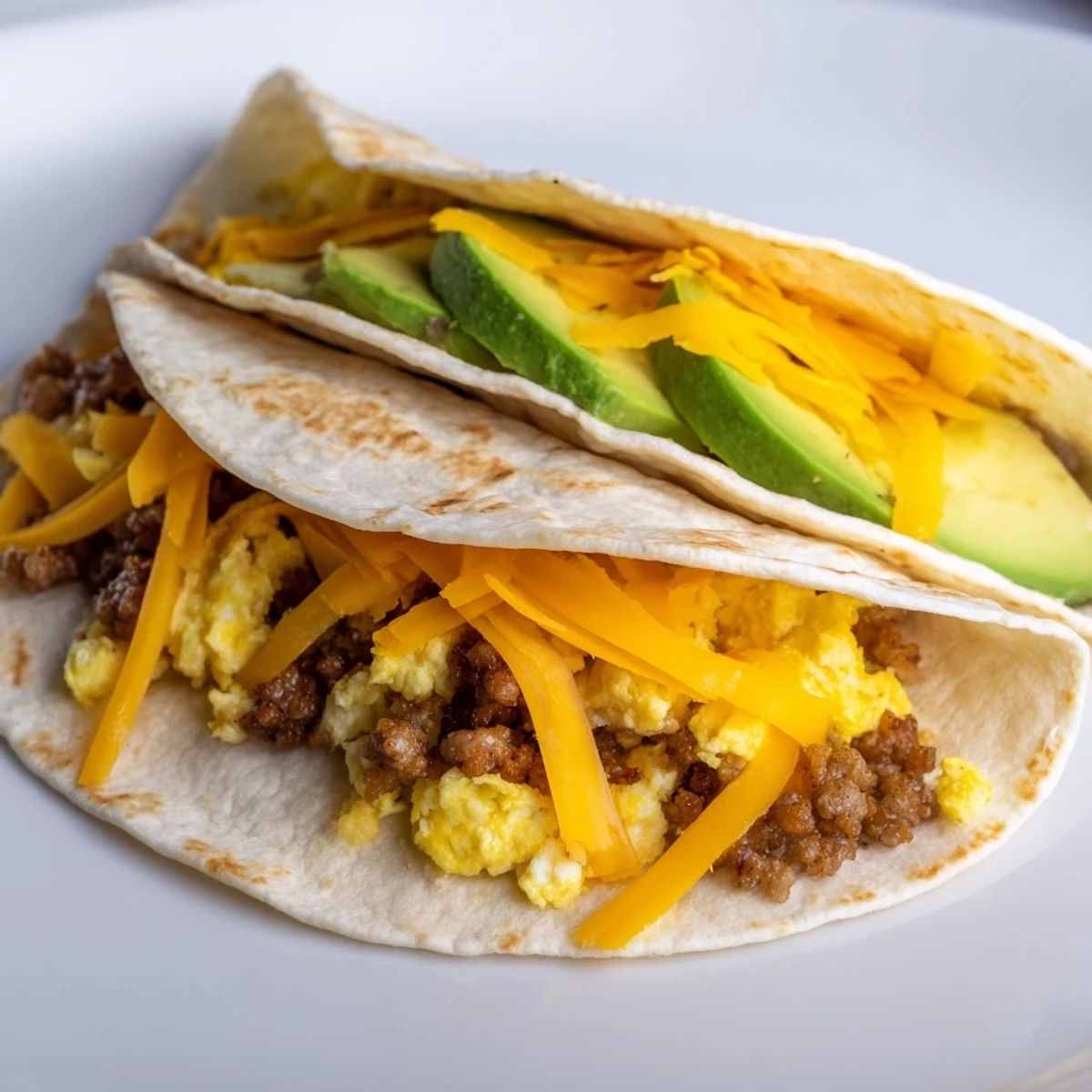 Close-up of sweet and savory pancake tacos featuring melted cheese, chocolate chips, and juicy fruit on a white plate.