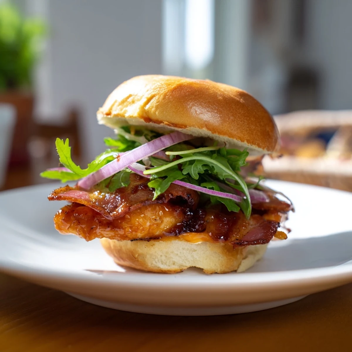 Golden brown Maple Chicken Bacon Sliders stacked on toasted brioche buns with melted cheddar cheese and crisp arugula.