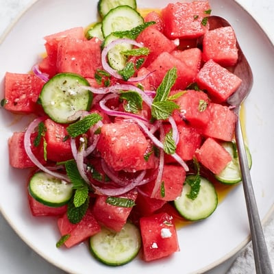 Bright Watermelon Cucumber Salad tossed in zesty lime dressing, chilled and refreshing